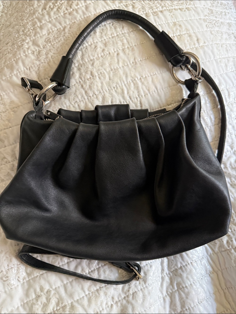 Black Ruched Leather Shoulder Bag
